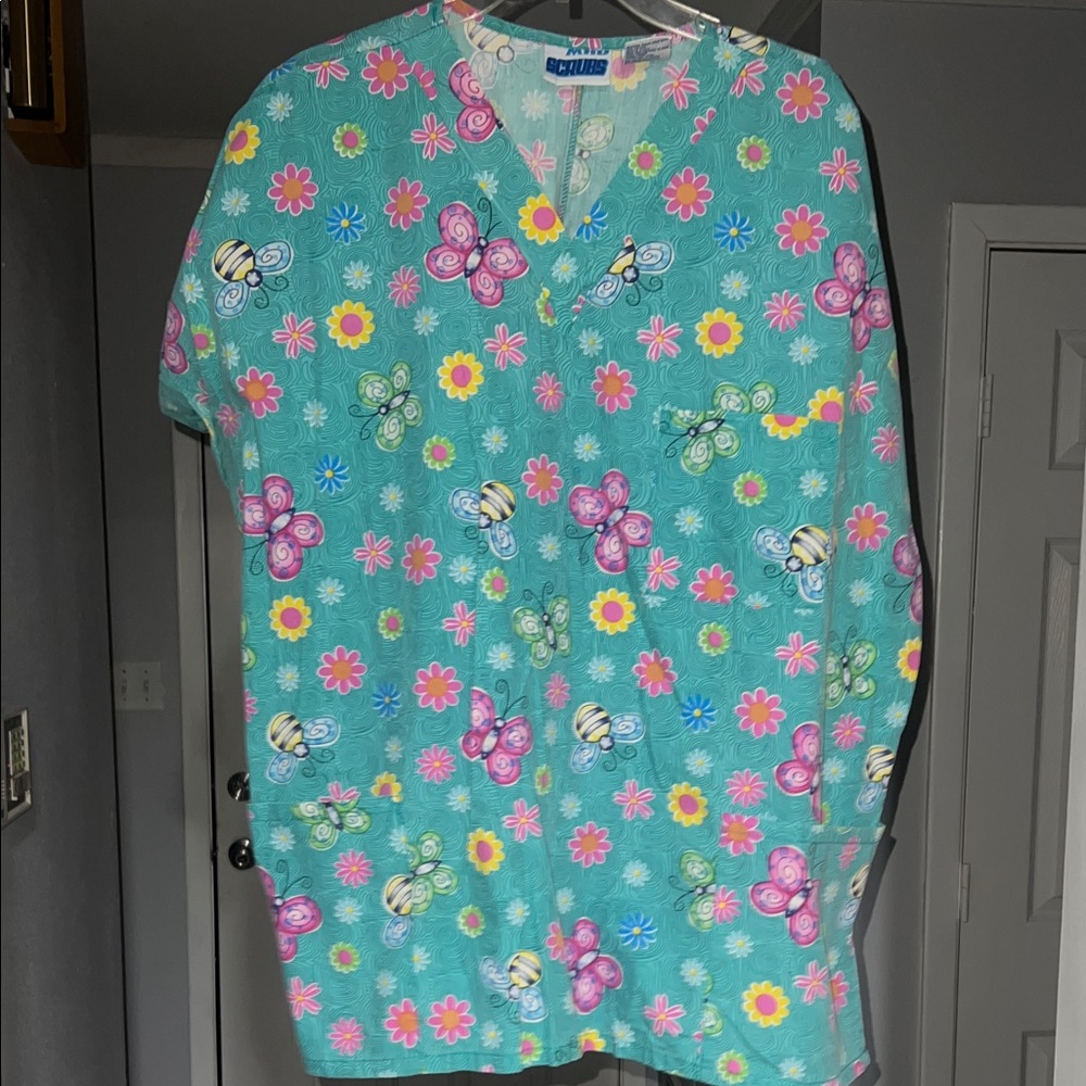 MHD Scrubs Women’s Teal Scrub Top with Floral and Butterfly Design